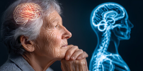Elderly woman with glowing brain, representing cognitive health, memory, and neurological processes. Visualizing the aging mind's well-being and mental function in later life