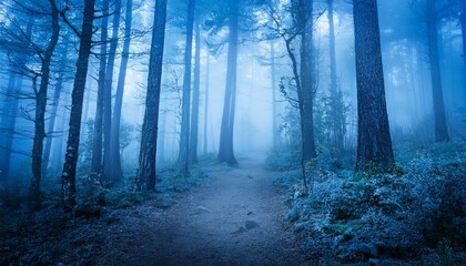Obraz premium ethereal blue hued forest path tall trees shrouded in mist create a mystical atmospheric scene perfect for fantasy or nature themes