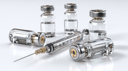 3D illustration of vaccine vials and a syringe, realistic medical concept, clean white background, high detail, professional healthcare imagery