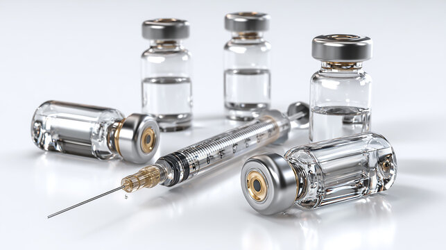 3D illustration of vaccine vials and a syringe, realistic medical concept, clean white background, high detail, professional healthcare imagery