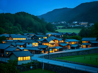 Peaceful village nestled in mountains glows warmly at twilight, offering serene escape