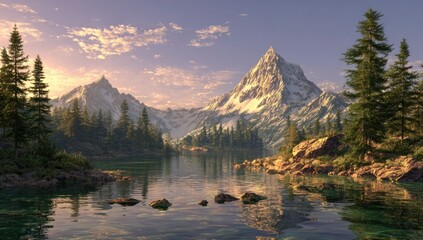 Tranquil Alpine Lake Reflecting Snow Capped Mountains at Dawn.