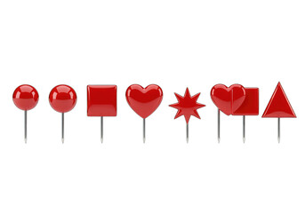 Red Push Pins Set with Geometric Shapes on Transparent Background Rendering