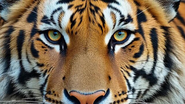 Close-up of tiger face with green eyes looking at camera. Concept of wildlife, wild animals and nature