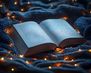 An open book nestled in a cozy winter setting with glowing lights
