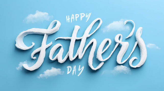 Elegant Happy Father's Day greeting card design featuring white cloud-like lettering on a soft blue sky background