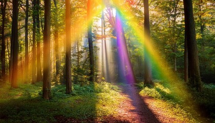 golden sunlight with rainbow beams in forest
