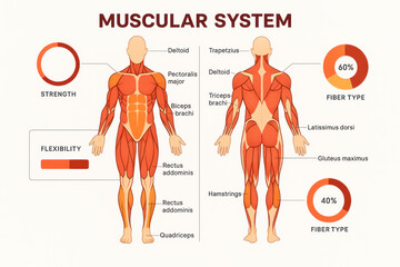 Muscular System Anatomy Diagram Illustration: Front and Back View with Muscle Labels, Strength, Flexibility, and Fiber Types