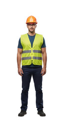 A construction worker standing confidently, wearing a safety vest and hard hat, showcasing professionalism and dedication