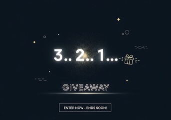 Countdown to giveaway with exciting numbers 3, 2, 1 and a gift box icon on a dark background with sparkling effects
