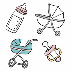 Baby essentials bottle, pram, stroller, and pacifier