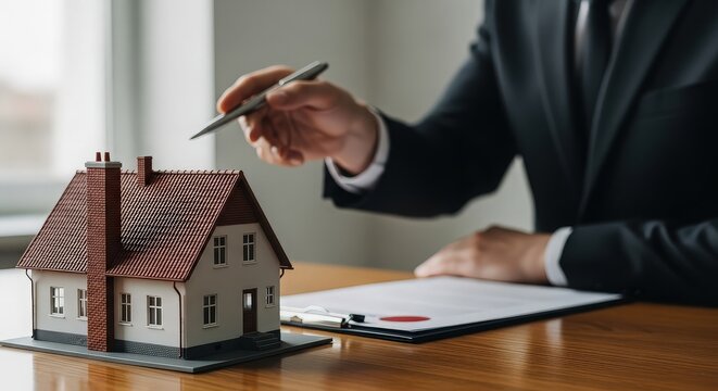 Real estate agent reviews property details with client signing contract for new home