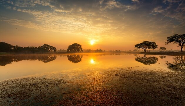 a dreamy scene of a beautiful sunrise over madurai teppakulam casting golden reflections on the water