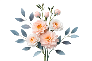 Delicate peach roses and leaves isolated on white background