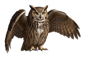 Obraz premium Majestic owl with open wings, a symbol of wisdom and strength. Its piercing eyes and spread wings create an impression of being ready to take flight 