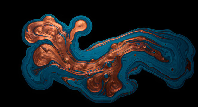Abstract art painting fluid acrylic pour texture background copper blue swirl design color splash effect 100