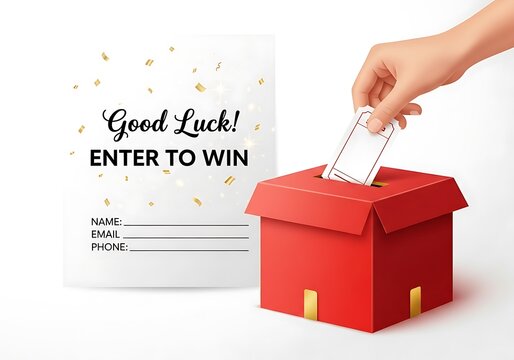 Hand dropping a ticket into a red raffle box with a good luck enter to win sign and confetti isolated on white background