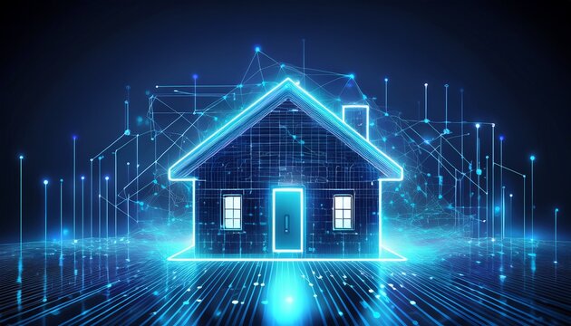 house with futuristic network connection technology big data blue neon background