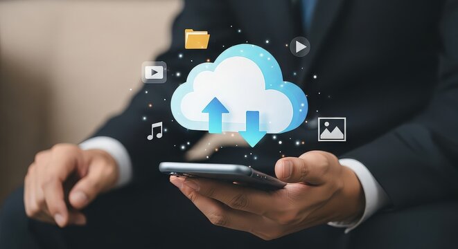 Business professional using smartphone to access cloud services and digital data wirelessly - Powered by Adobe