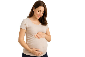A pregnant woman gently cradling her belly, a symbol of the miracle of life. Her serene smile reflects the joy and anticipation of motherhood. 