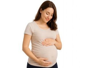 A pregnant woman gently cradling her belly, a symbol of the miracle of life. Her serene smile reflects the joy and anticipation of motherhood. 