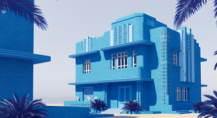 Blue art deco building with palm trees architecture design miami style tropical vacation summer travel destination