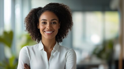 Portrait of young african american woman smiling. A businesswoman in a biracial office video. Visuals of architecture and teamwork at the workplace. Image of a young african american woman lifestyle.