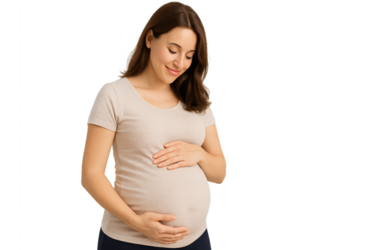A pregnant woman gently cradling her belly, a symbol of the miracle of life. Her serene smile reflects the joy and anticipation of motherhood. 