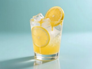 Refreshing cocktail with lemon slices and ice cubes, served in glass, on a light blue background.