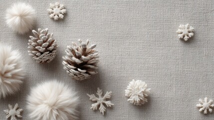 Pine cones, snowflakes and pom poms decoration on gray textile background