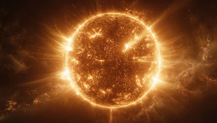 Obraz premium A close-up of a radiant, fiery star, intensely bright with glowing, textured surface and radiating light beams against a dark, cosmic backdrop
