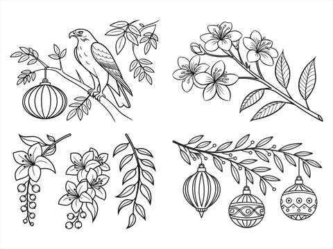coloring page line art jasus ornaments icon set black vector