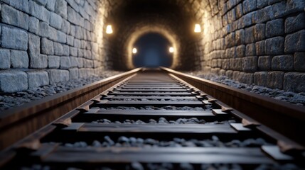 Obraz premium Railroad tracks leading into a shadowy tunnel, framed by stone walls and eerie ambient light