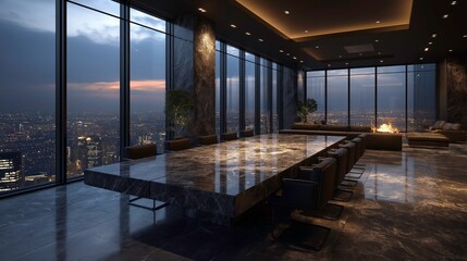 Obraz premium Luxury Modern Conference Room with Floor to Ceiling Windows and City View at Night