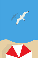 Seagull soaring over a beach umbrella and sandy sea or ocean side. Vector illustration.