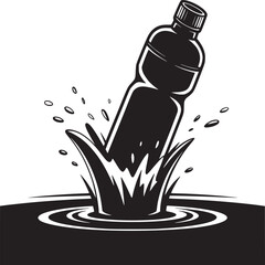 A black and white graphic of a bottle splashing into water with ripples and scattered droplets around it