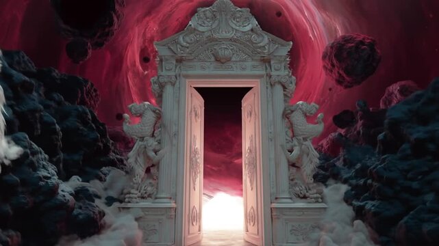 Elaborate archway framed by white lion statues opens to a surreal cosmic landscape