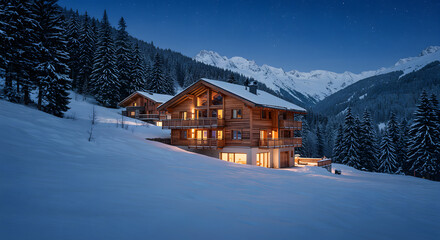 Cozy winter chalet in snowy mountains at night with pine trees and starry sky for holiday vacation getaway