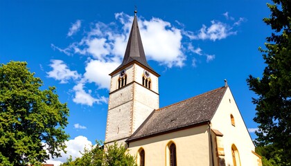 Fototapeta premium A picturesque church steeple and facade rise against a vibrant summer sky, showcasing a light beige exterior and a dark-gray tiled roof.