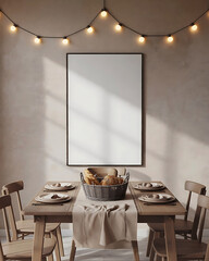 Empty framed poster mockup above a rustic wooden dining table set for a festive gathering with string lights casting warm shadows indoors