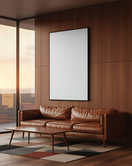 Modern living room with leather sofa and blank canvas artwork bathed in warm afternoon sunlight through large windows