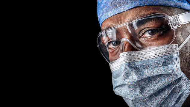 Close-up healthcare worker wearing surgical mask, protective goggles and scrub cap — dark background with copy space