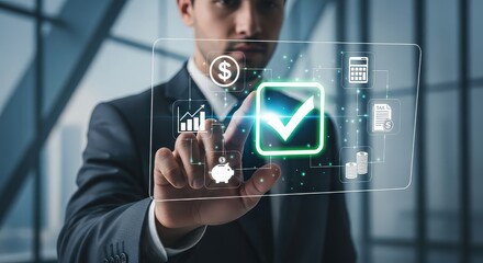 Businessman interacting with futuristic digital interface touching a confirmation checkmark