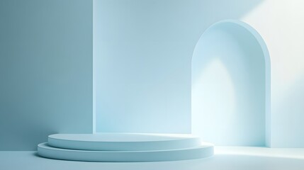 Minimalist Studio Background with Arch and Podium in Soft Blue