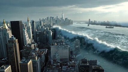 A sprawling metropolis faces a towering tidal wave, a catastrophic event threatening the city's skyline.
