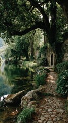 Serene Lakeside Path Underneath Lush Trees