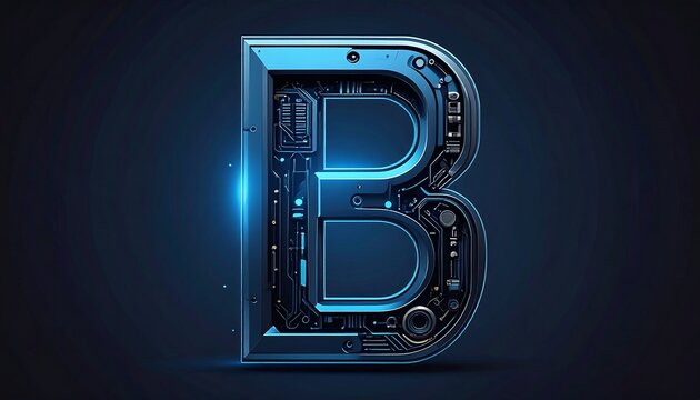 A luminous, metallic blue letter "B" is presented against a deep indigo backdrop, revealing intricate circuit-like detailing within its form. 