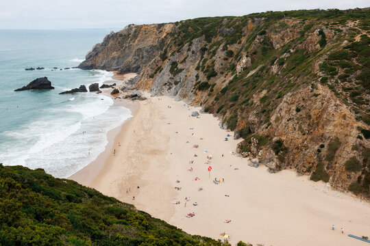 Panoramic aerial view for idyllic sandy Praia da Adraga (Adraga Beach). Portugal, Europe. High quality stock photo - Powered by Adobe
