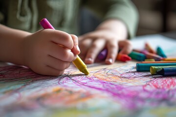 Naklejka premium Child's hands hold crayon, creating colorful artwork on paper.