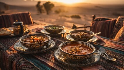 Four bowls of hearty stew adorn a richly patterned table outdoors at sunset, overlooking a desert landscape